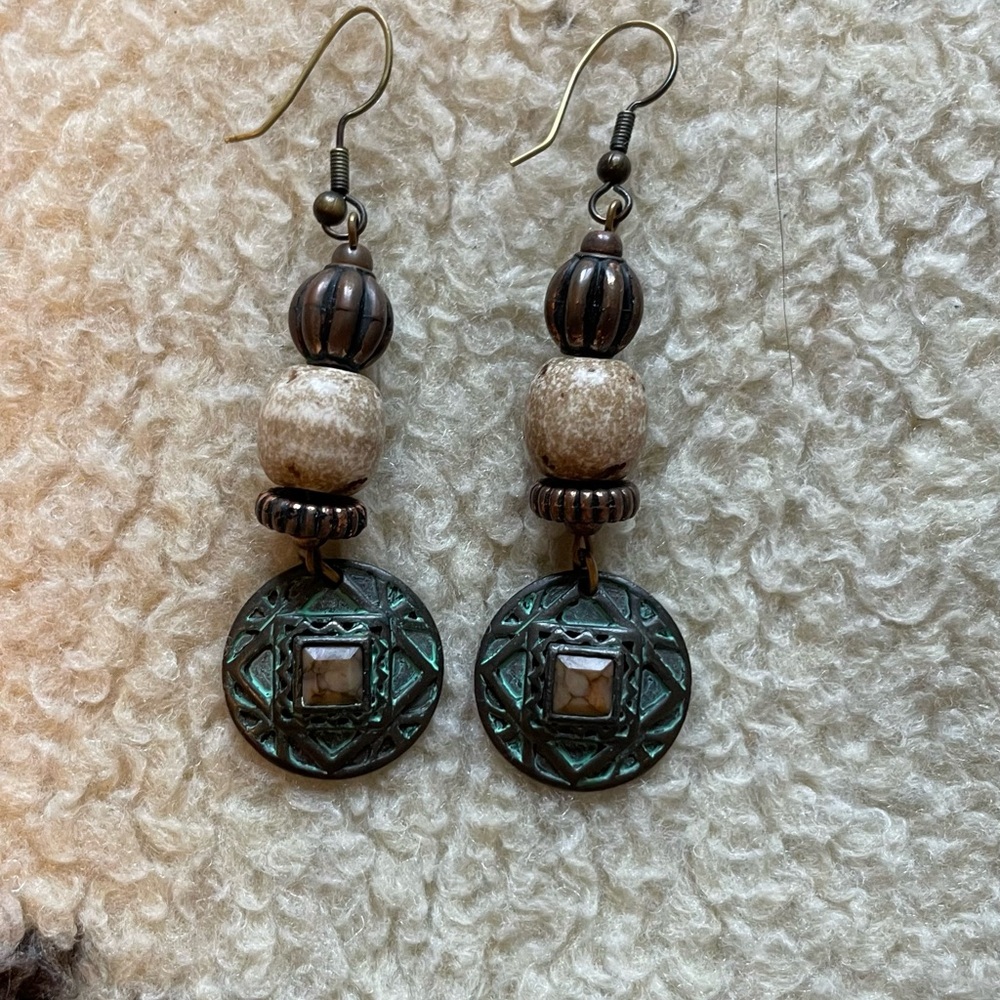 Artisan Bronze and Green Dangle Earrings